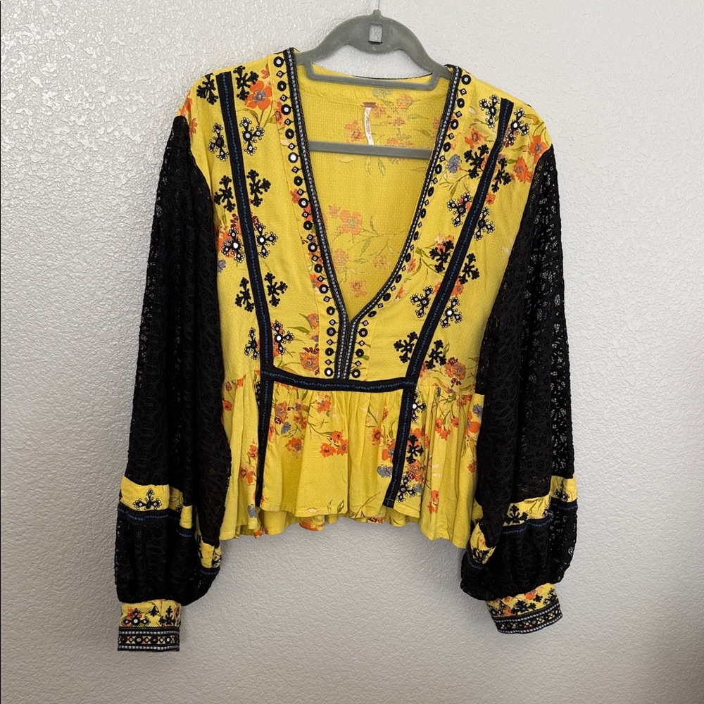Free People Yellow Floral V-Neck Peplum Blouse with Black Lace Sleeves